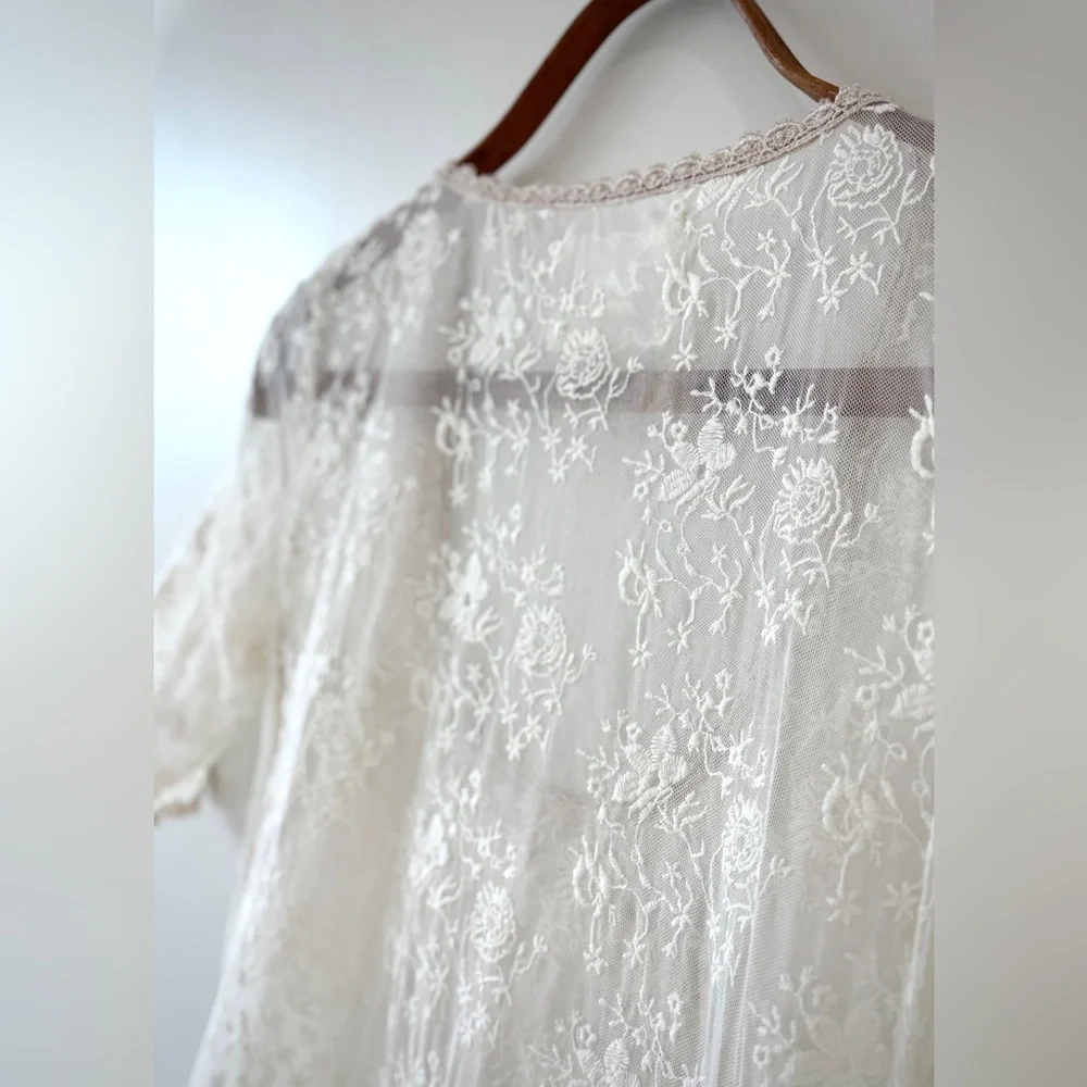 Johnny Was All White Lace Asymmetrical Short Sleeve Baby Doll Dress - Picture 7 of 13